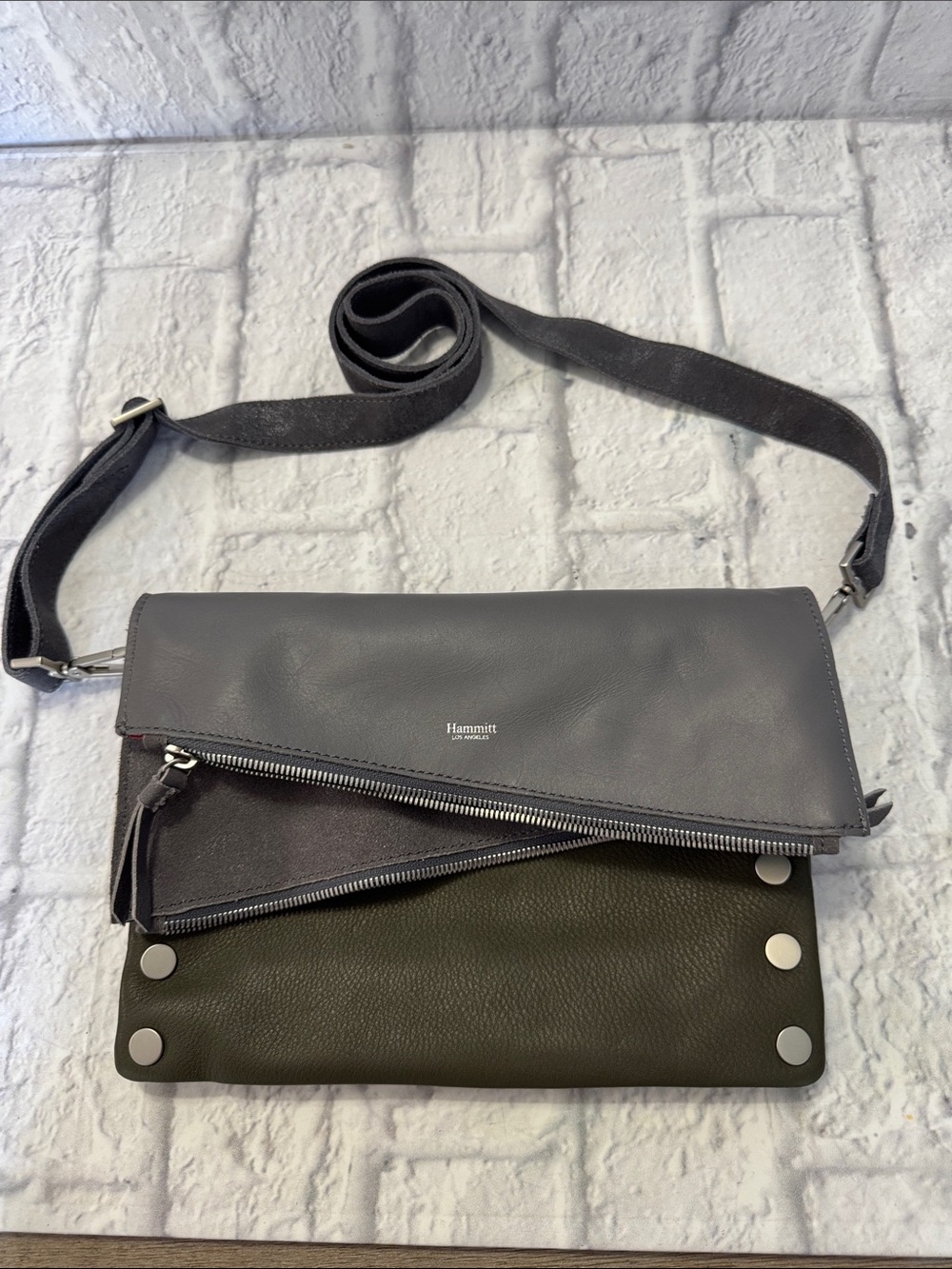 Hammitt Dillon Medium Black Pewter 6-Way Reversible Leather Crossbody Clutch